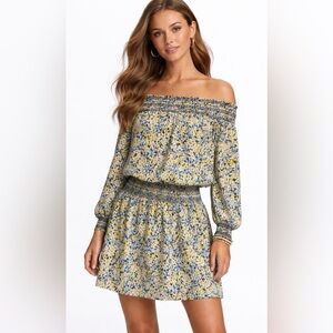 MICHAEL KORS FLORAL OFF SHOULDER DRESS SIZE S BLUE YELLOW SMOCKED 3/4 SLEEVE